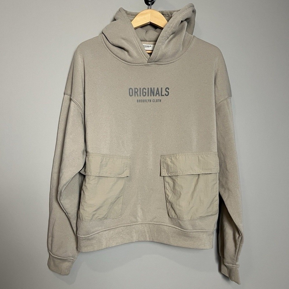 Brooklyn Cloth Originals Hoodie Men's Large Beige Long Sleeve Pocket Sweatshirt